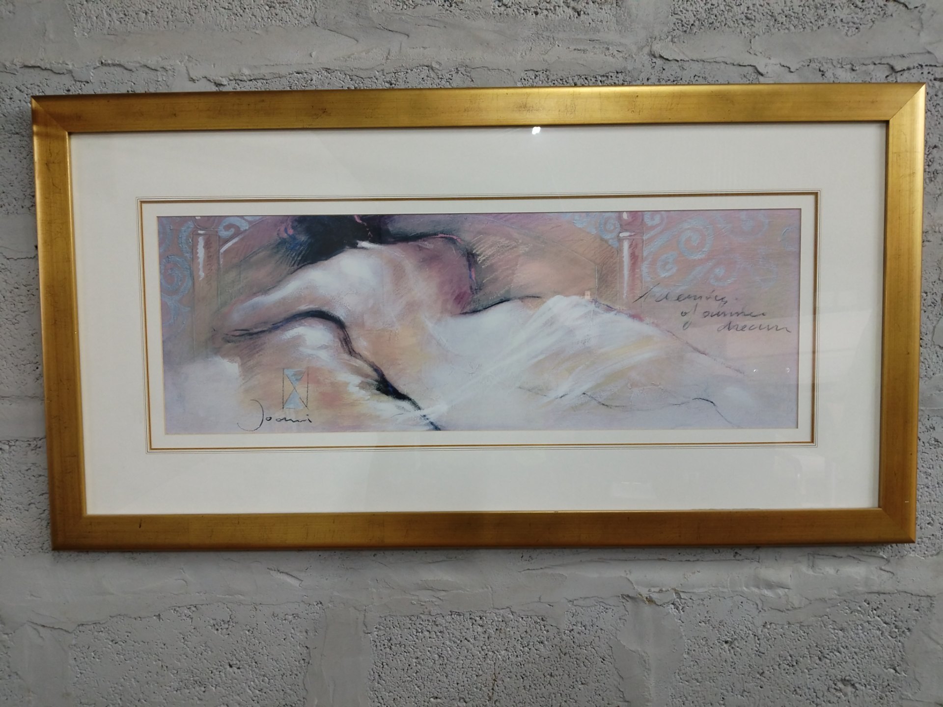Framed signed ‘Joani’ reclining figure — double cream mount, glass glazed, gold frame (131 x 69 cm framed)