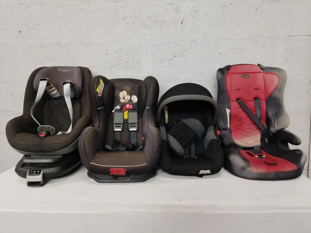 Lot of 4 Assorted Used Child Car Seats / Boosters — Maxi‑Cosi, Mickey, Safeway, Chelino (Untested)