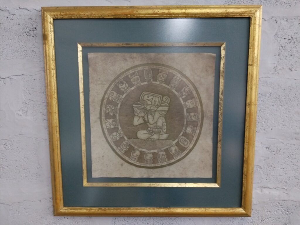 Framed mounted print in gilded double-mount frame — 90 x 90 cm (visible foxing, worn gilding)