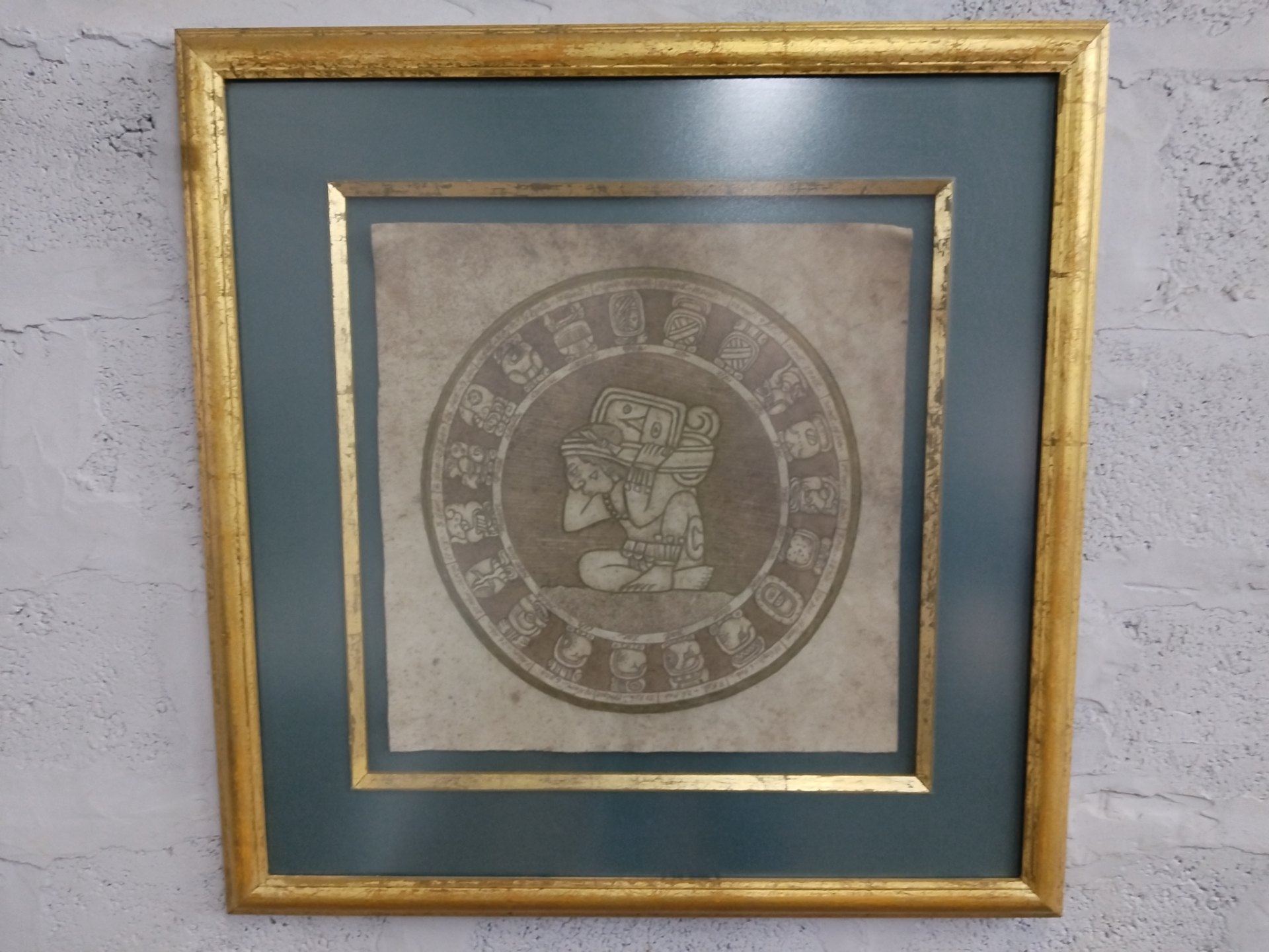 Framed mounted print in gilded double-mount frame — 90 x 90 cm (visible foxing, worn gilding)