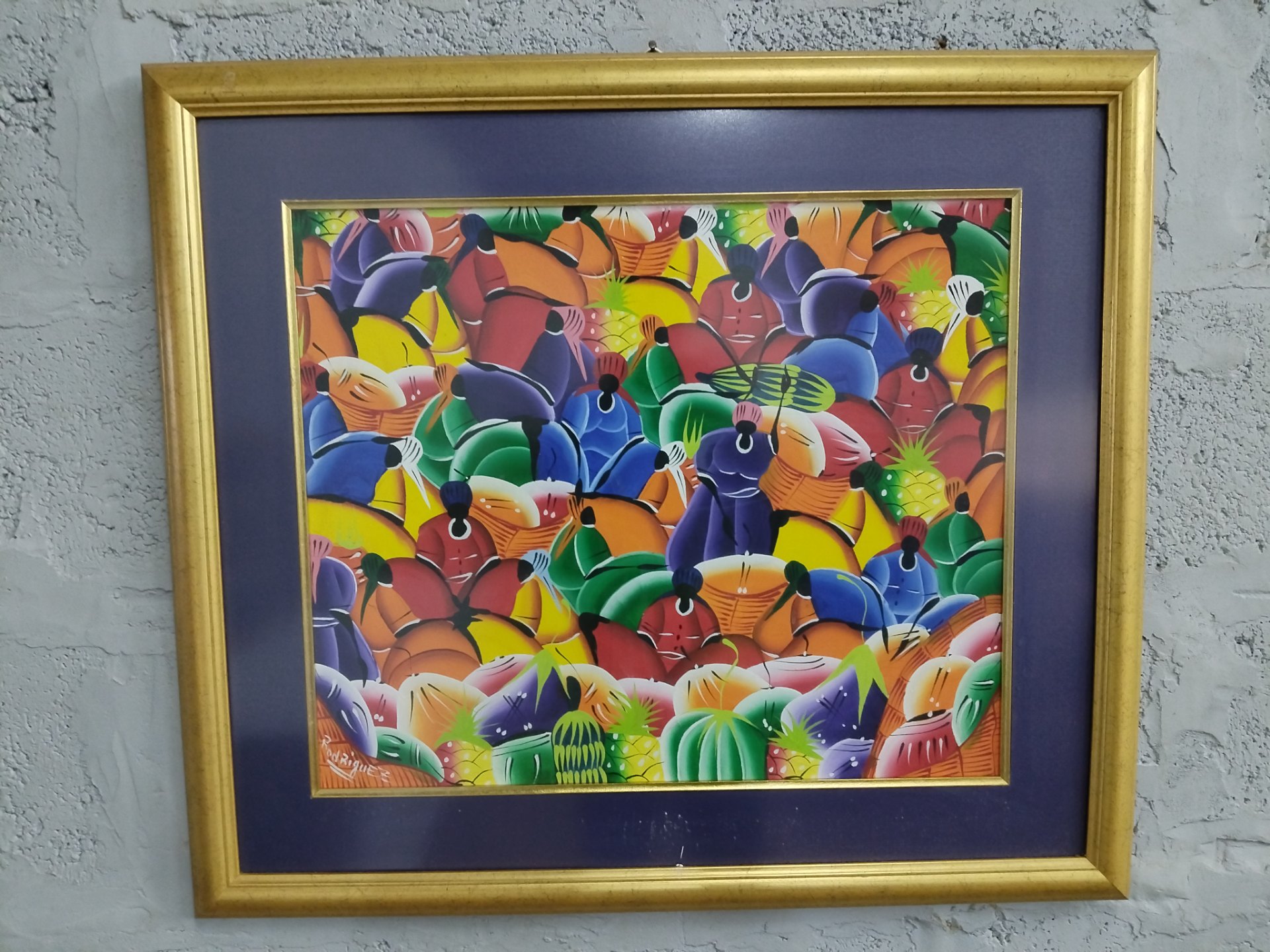 Framed signed artwork ‘Rodriguez’ — vibrant crowd scene, gilt frame & purple mat, glass front (83 × 73 cm)