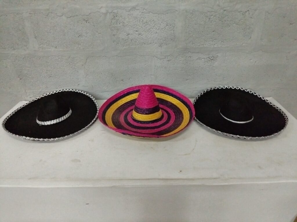 Lot of 3 Sombrero-style Hats – 2 Black Felt with Silver Trim + Multicolour Straw