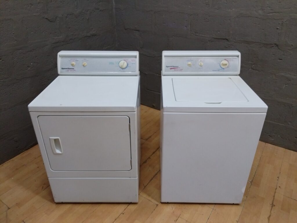 Speed Queen / Alliance laundry pair — top-load washer + front-load electric dryer (power & water hose included)