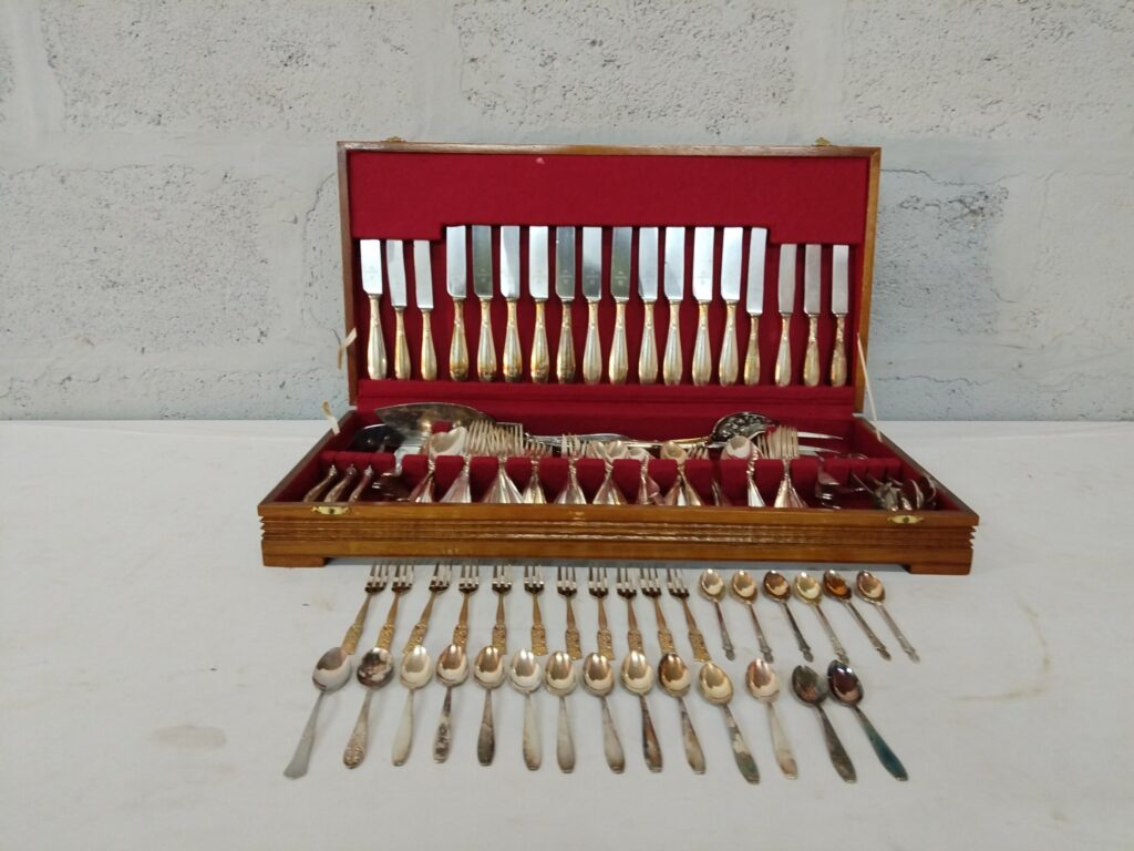 Mixed 42‑Piece Stainless Cutlery Service in Wooden Presentation Case — Nirosta / WMF knives, monogrammed C.F.