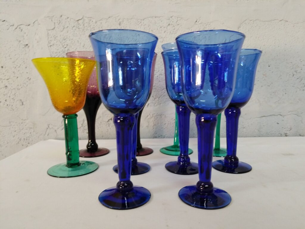 Lot of 10 Assorted Coloured Hand-Blown-Style Glass Goblets — Mostly Cobalt Blue, Mix of Shapes