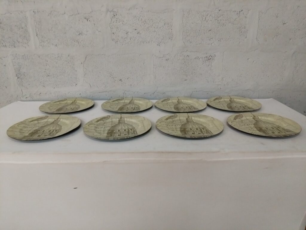 Set of 8 Decorative Round Printed Wall Plates / Chargers — Architectural & Bird Motif — Used, light staining