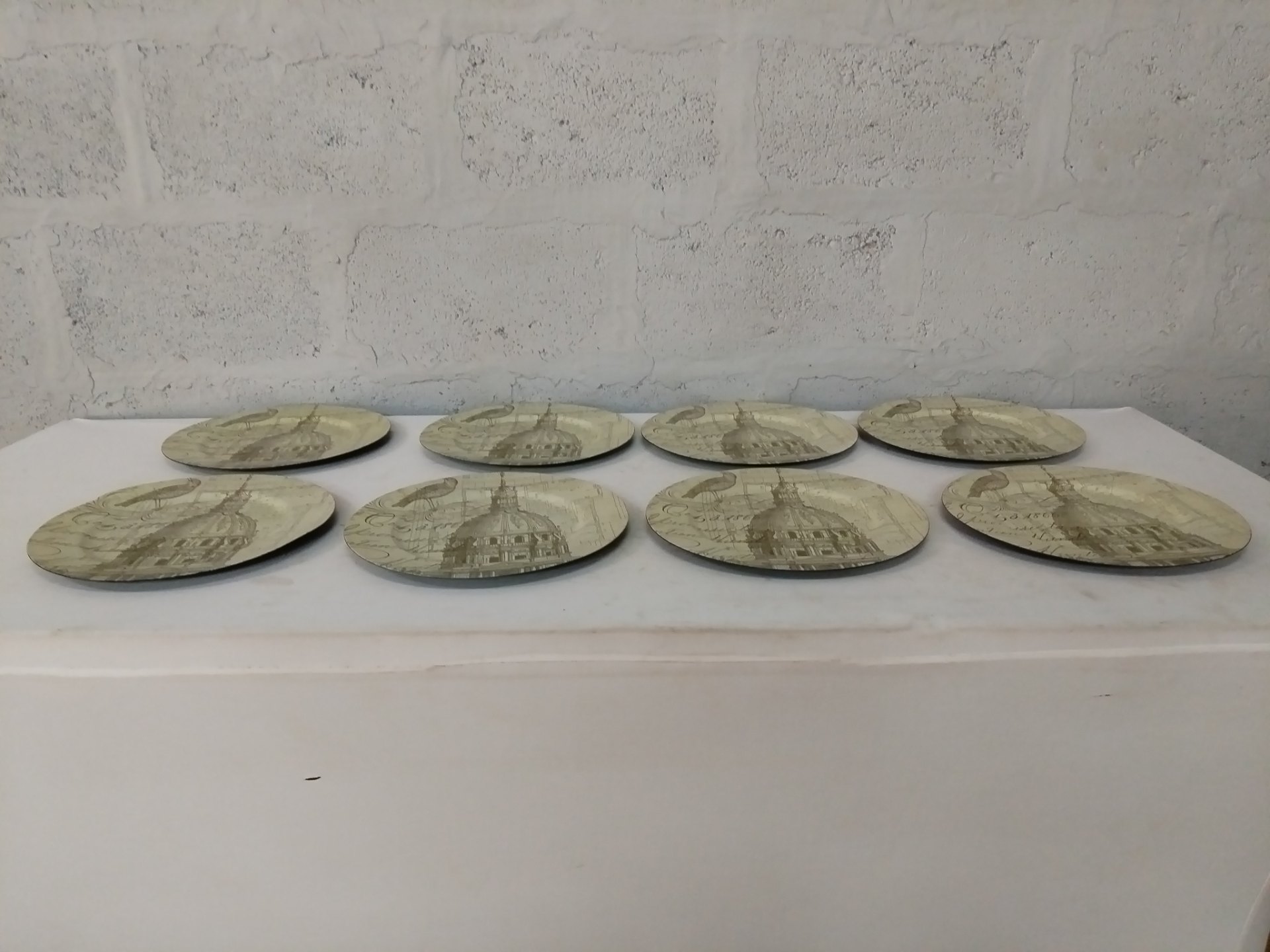 Set of 8 Decorative Round Printed Wall Plates / Chargers — Architectural & Bird Motif — Used, light staining