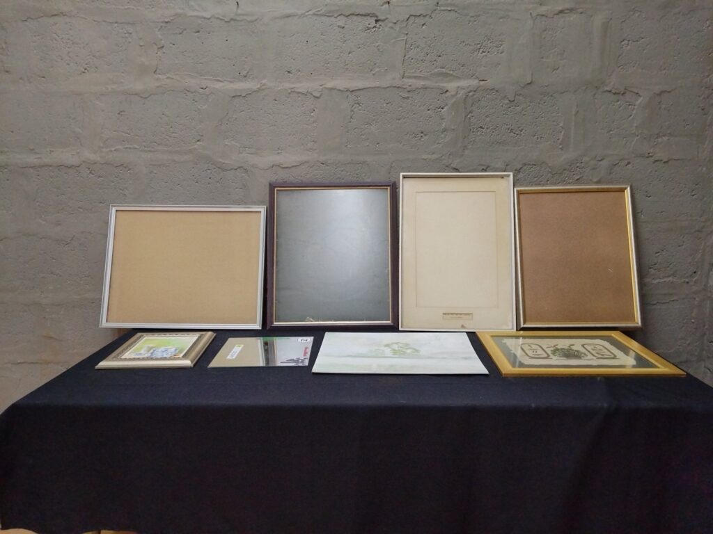 Mixed lot of 8 picture frames, framed prints & mirror panel — used, assorted sizes, some glazing damage