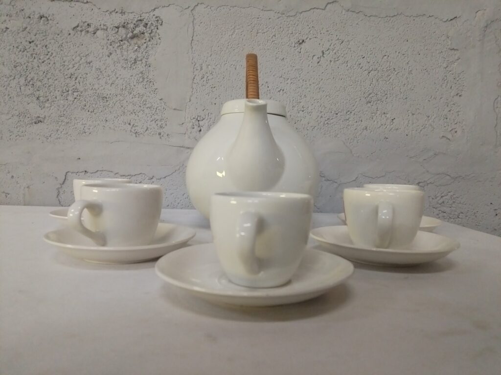 Continental Vitrified hotelware teapot with wrapped bamboo handle + matching espresso cups & saucers — boxed Nadir margarita glasses