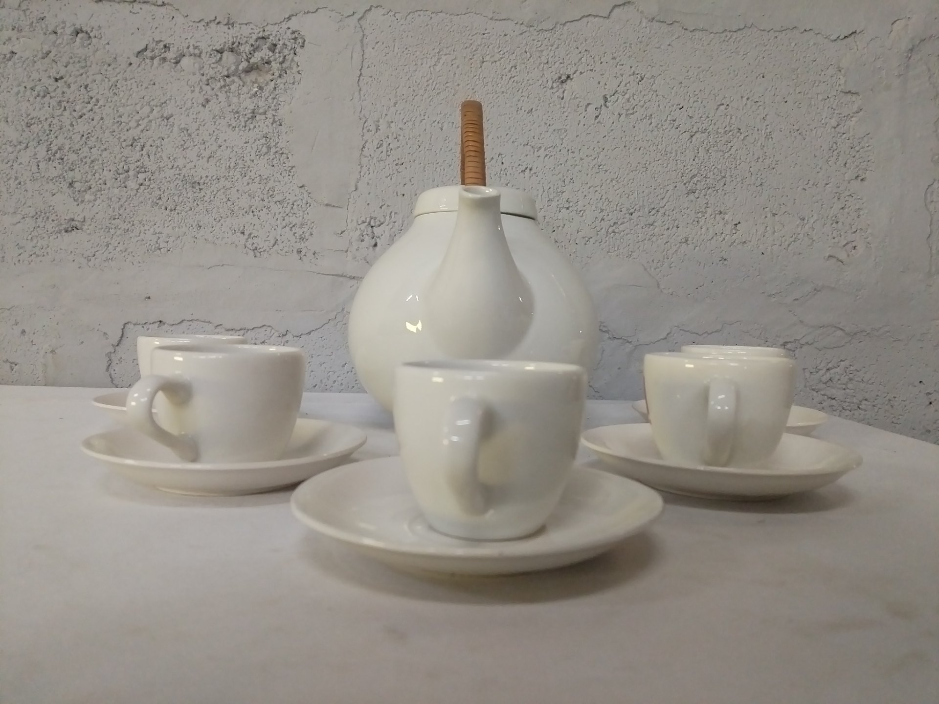 Continental Vitrified hotelware teapot with wrapped bamboo handle + matching espresso cups & saucers — boxed Nadir margarita glasses