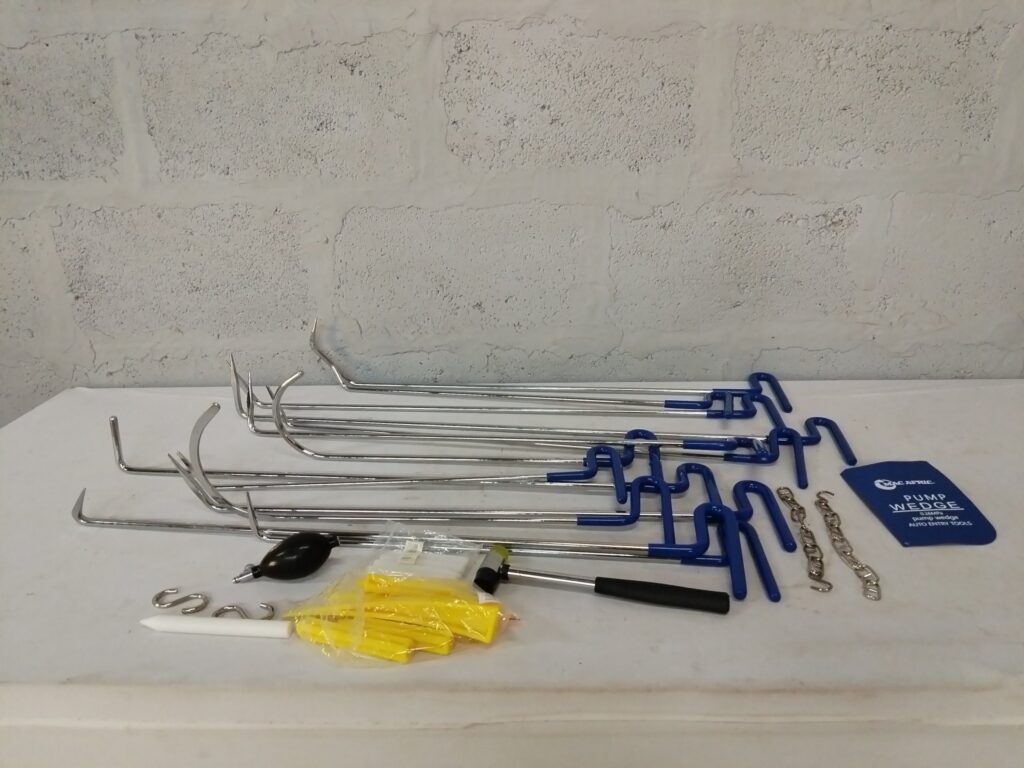 Mac Afric Paintless Dent Removal Kit — Assorted rods, pump wedge, wedges, chains & carry bag