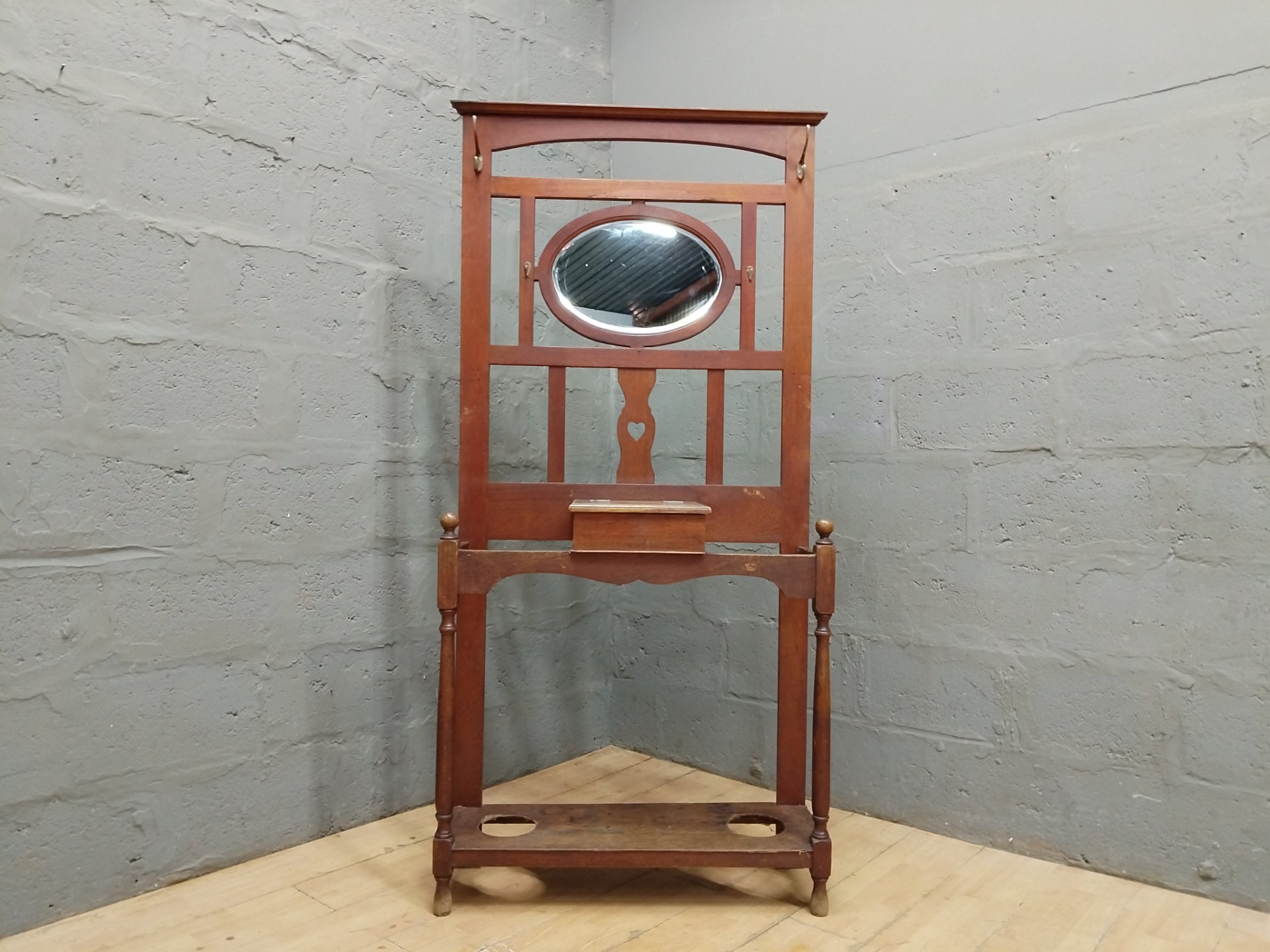 Wooden Hall / Umbrella Stand with Oval Mirror, Small Drawer & Hooks — Aged, Repair Required