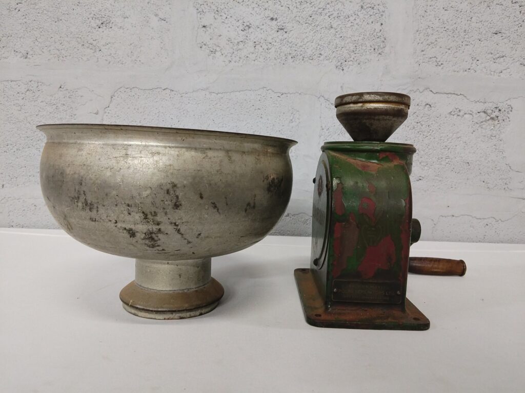 Vintage cast‑iron hand‑crank grinder with separate metal bowl / hopper (Polar Separators Ltd nameplate)