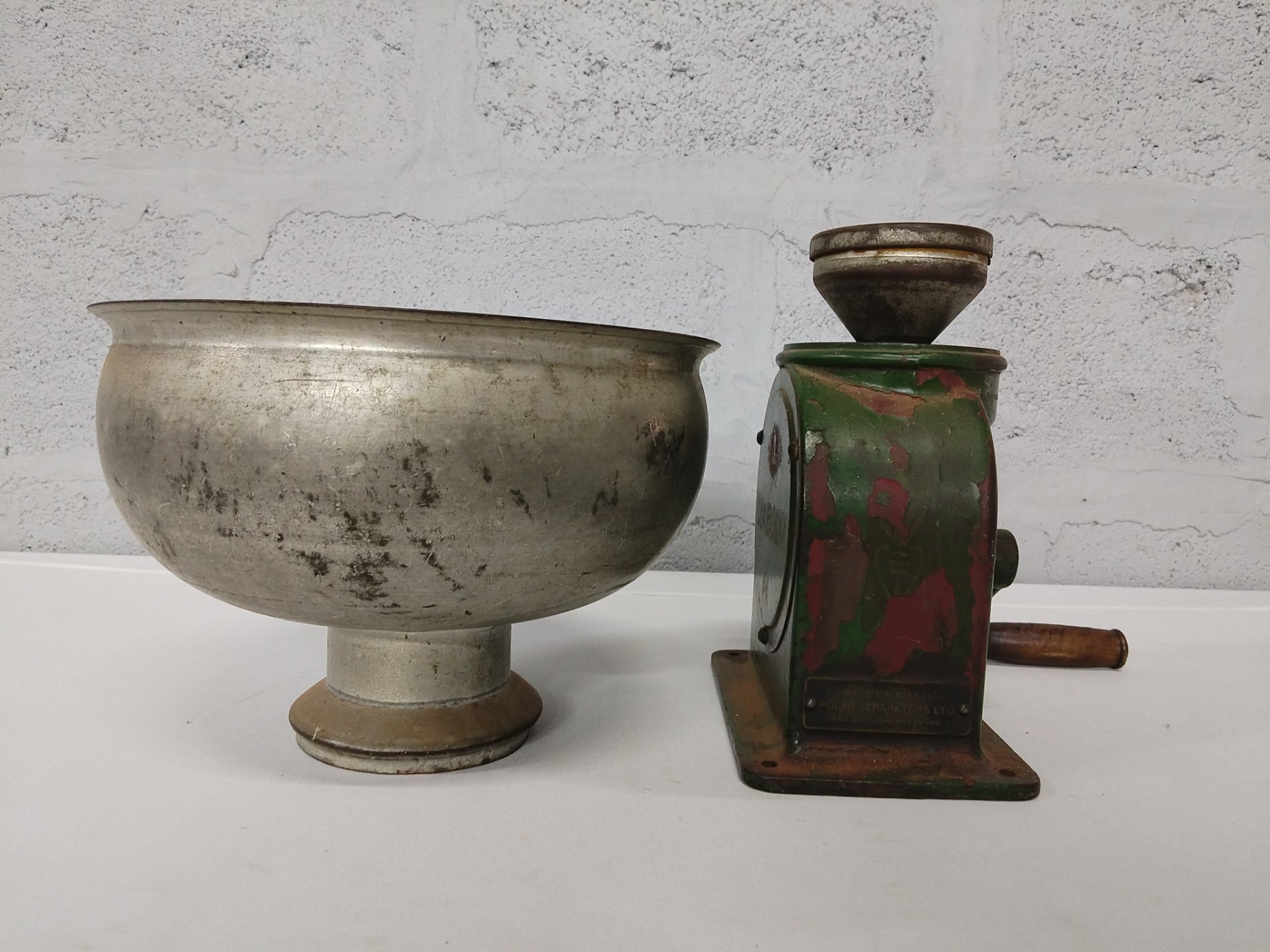 Vintage cast‑iron hand‑crank grinder with separate metal bowl / hopper (Polar Separators Ltd nameplate)