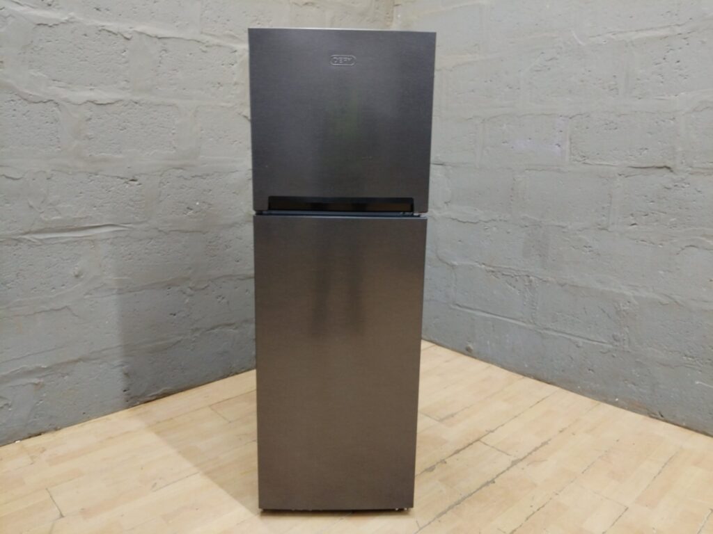DEFY top-freezer refrigerator — metallic finish, interior light on, shelves & crisper included