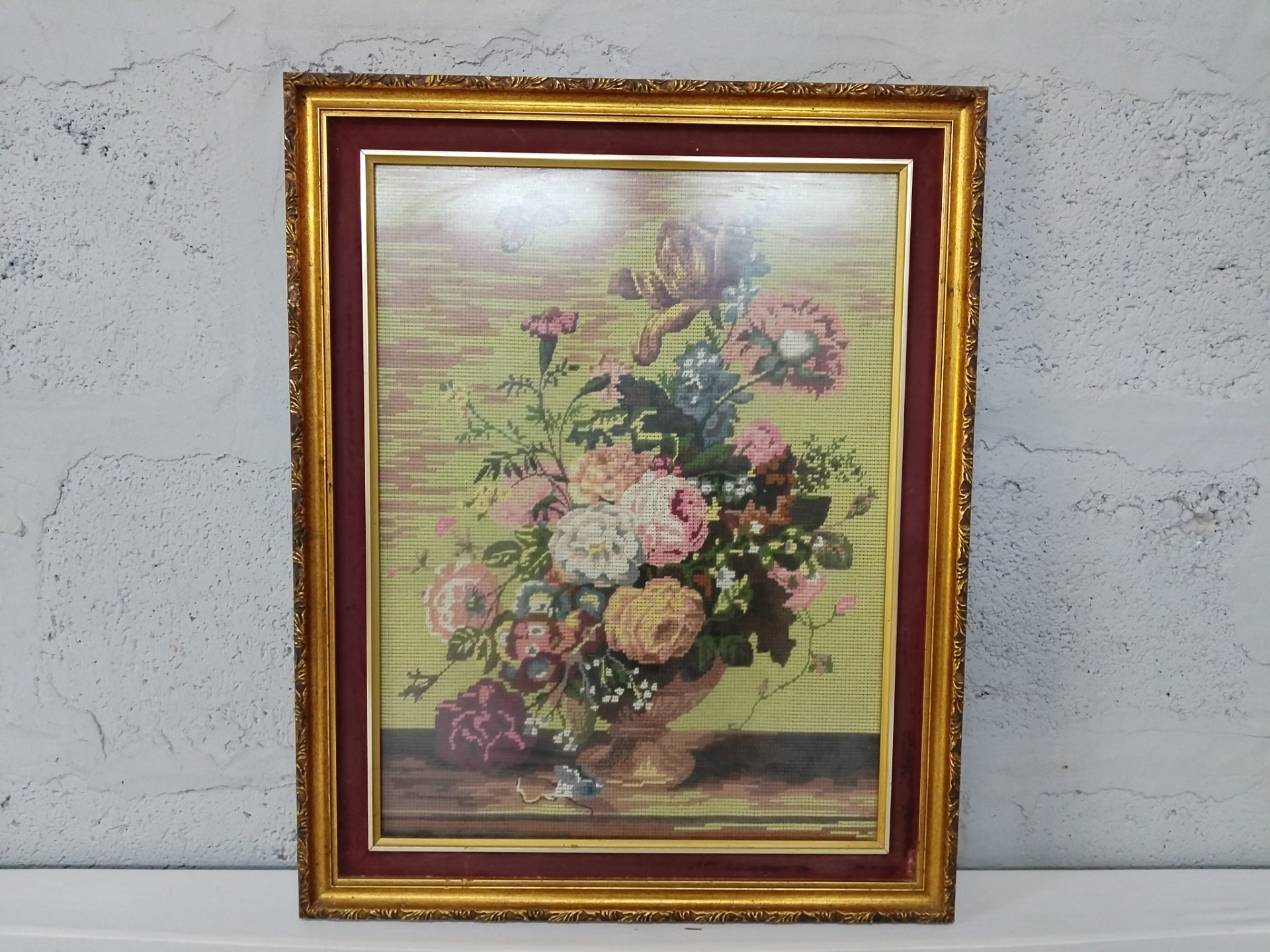 Framed Floral Needlepoint / Cross-stitch with Gilt Frame and Burgundy Mat (46 x 57 cm)