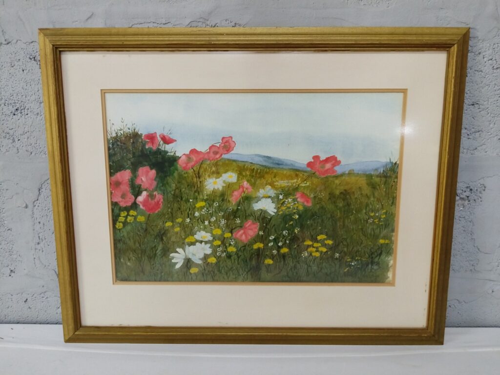 Framed signed & dated original watercolour floral landscape (framed, glazed) – 59 x 74 cm