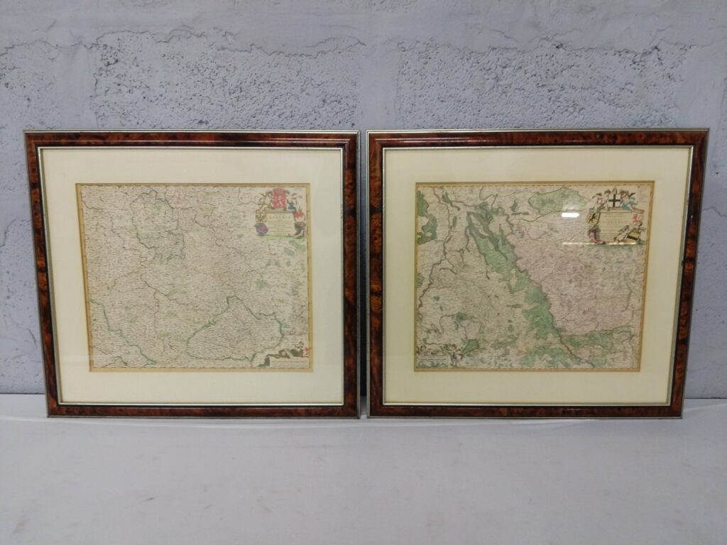 Pair of Original Antique Framed Maps (seller-declared pre-1900) — glazed, cream mats, wood-effect frames