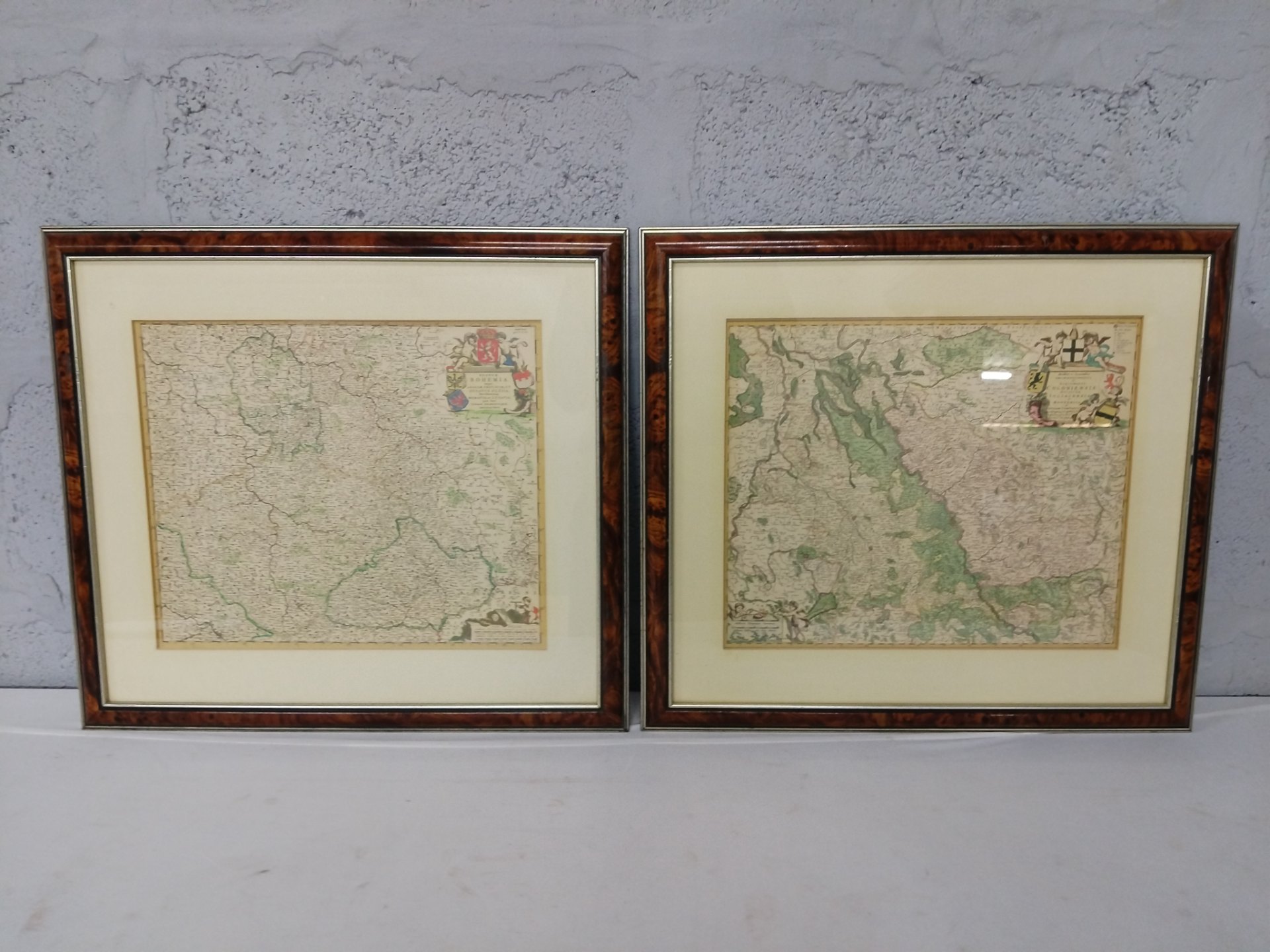 Pair of Original Antique Framed Maps (seller-declared pre-1900) — glazed, cream mats, wood-effect frames