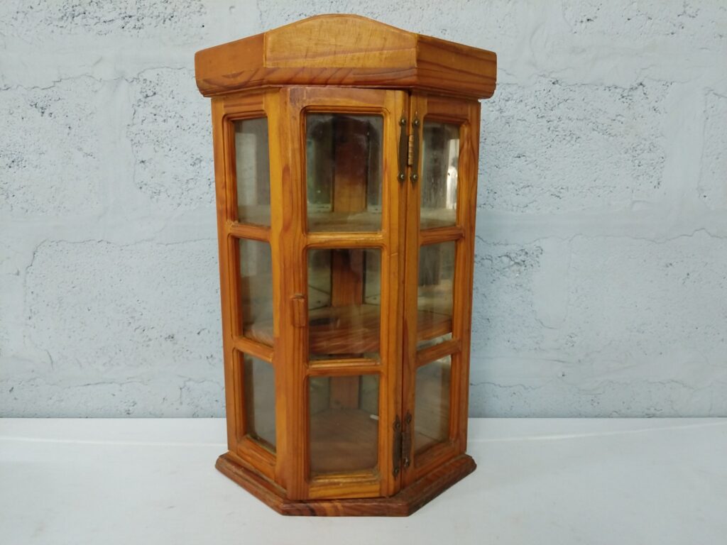 Small Hexagonal Wooden Glass Display Cabinet — 3 Shelves, Glass-Front Door