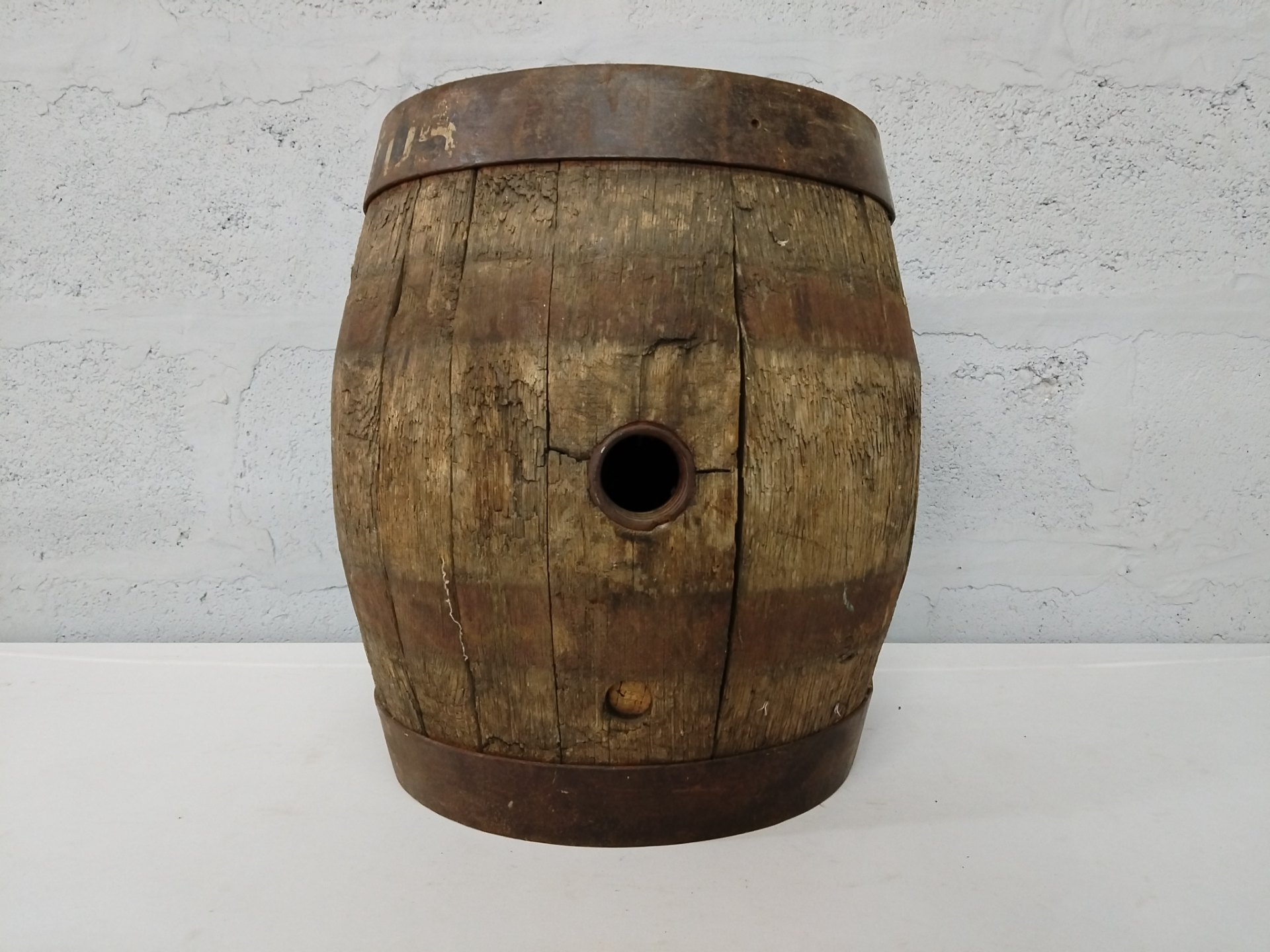 Small Vintage Wooden Cask / Barrel – Rusted Hoops, Threaded Ferrule, Decorative Only