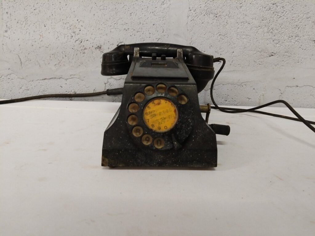 Vintage black rotary desk telephone — handset, rotary dial & bare-wire cord (Not working)