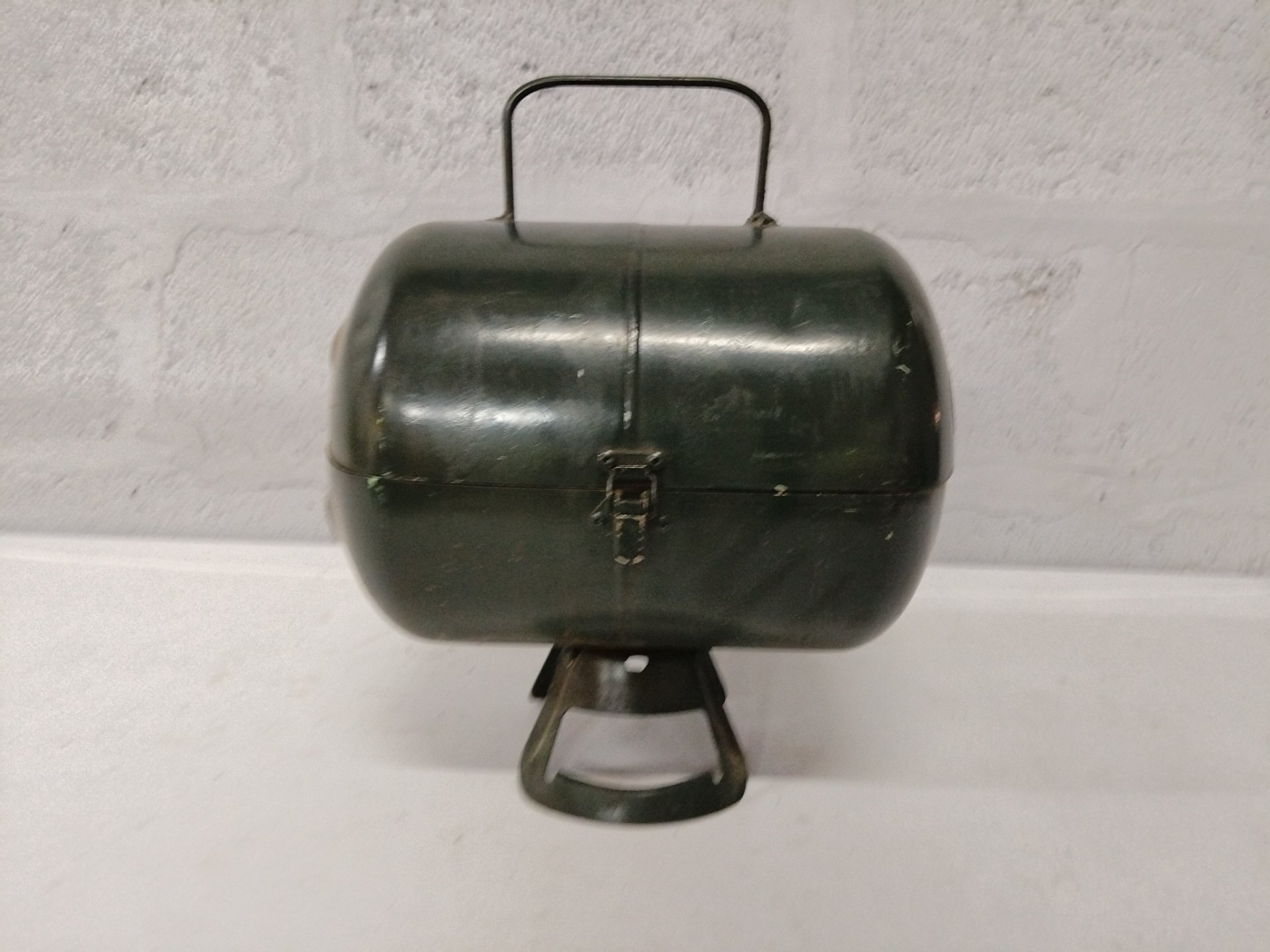 Portable Charcoal Brazier / Tabletop Grill – Green hinged lid, removable grate, tripod stand