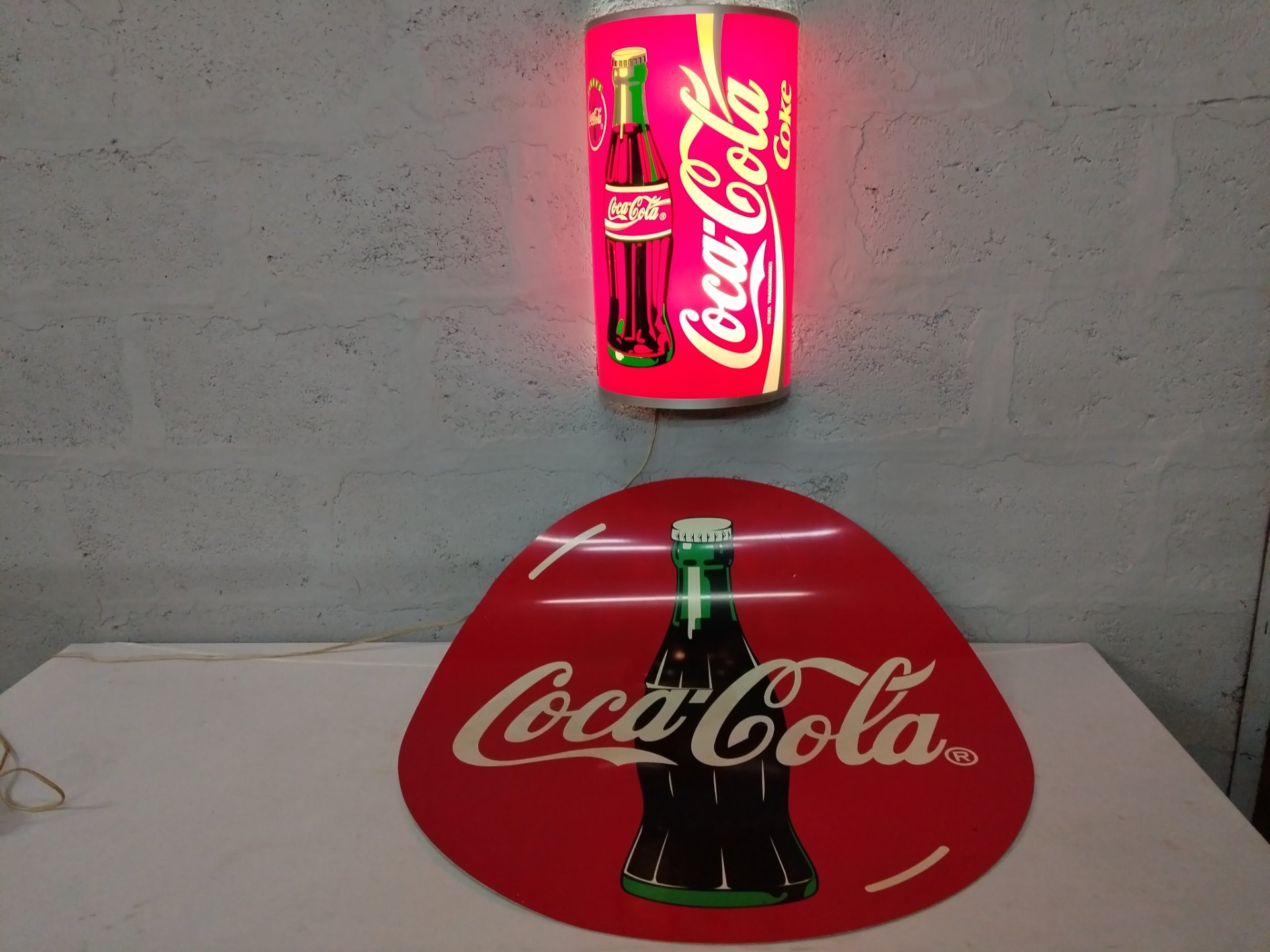 Coca‑Cola illuminated cylindrical wall sconce + matching round metal Coca‑Cola sign (tested working)