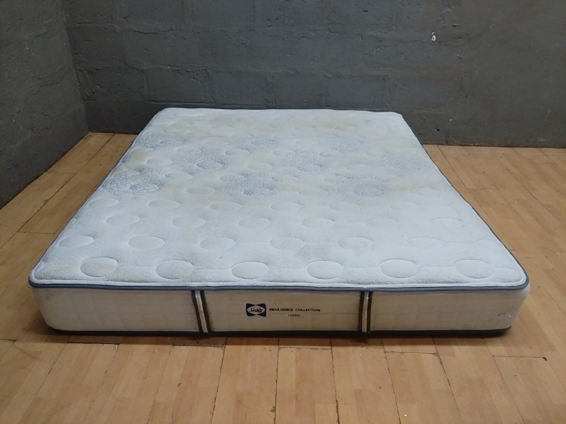 Sealy Indulgence Collection ‘Cruden’ Mattress with divan base shown — 185 x 194 x 32 cm, used, stained