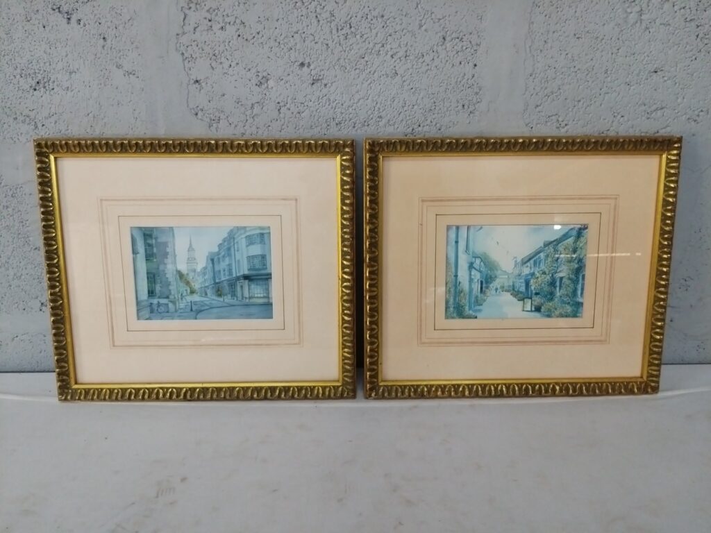 Pair of Framed Signed Street-Scene Watercolours in Gilt Frames (38 x 44 cm each)