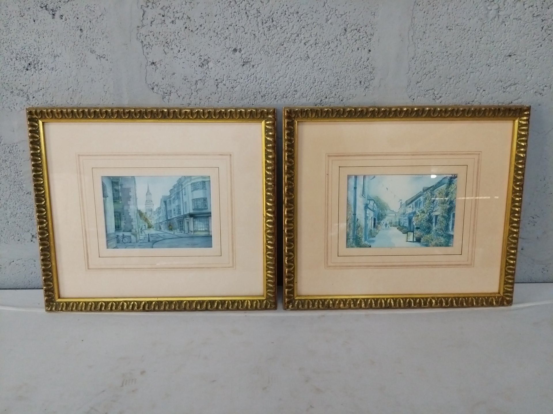 Pair of Framed Signed Street-Scene Watercolours in Gilt Frames (38 x 44 cm each)