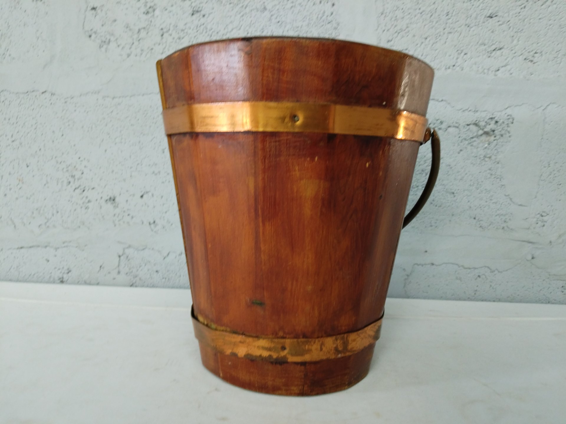 Wooden staved bucket / pail with metal bands & swing handle — 30 x 48 cm (used, splits)