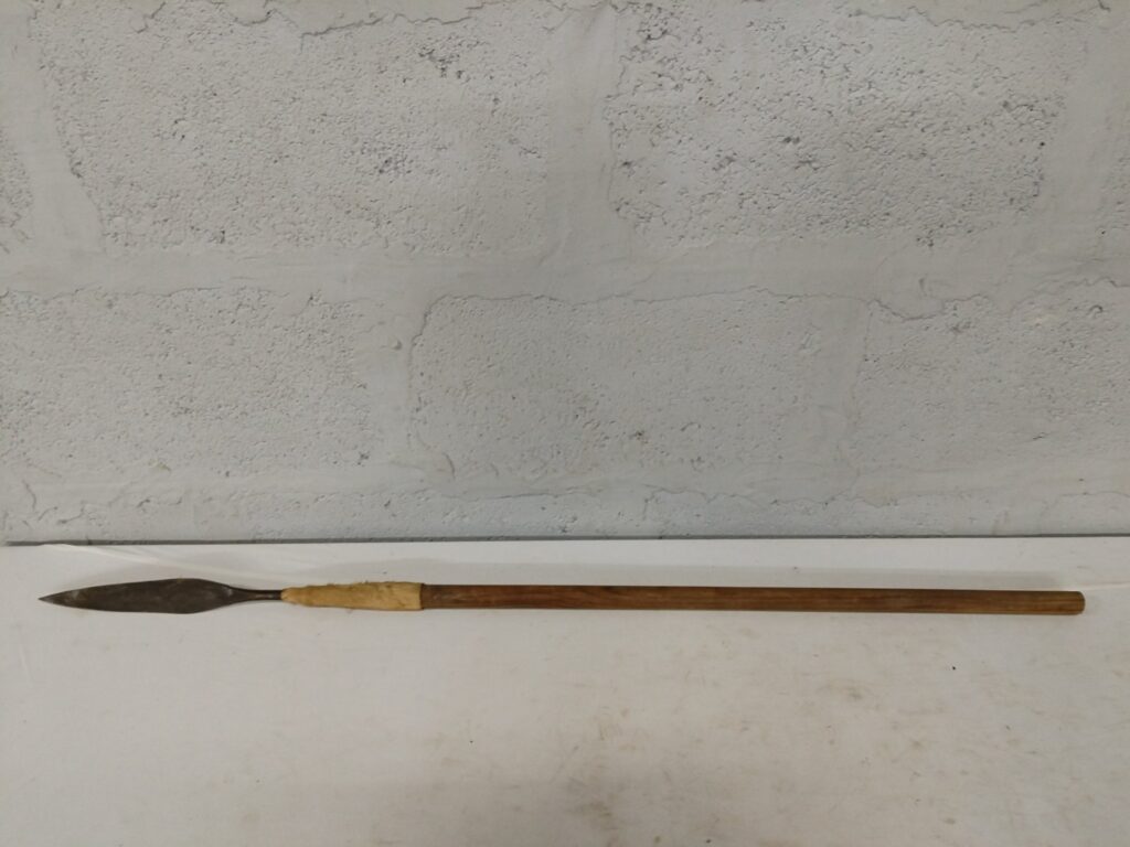 Traditional wooden‑shaft spear with fur wrap — 112 cm overall