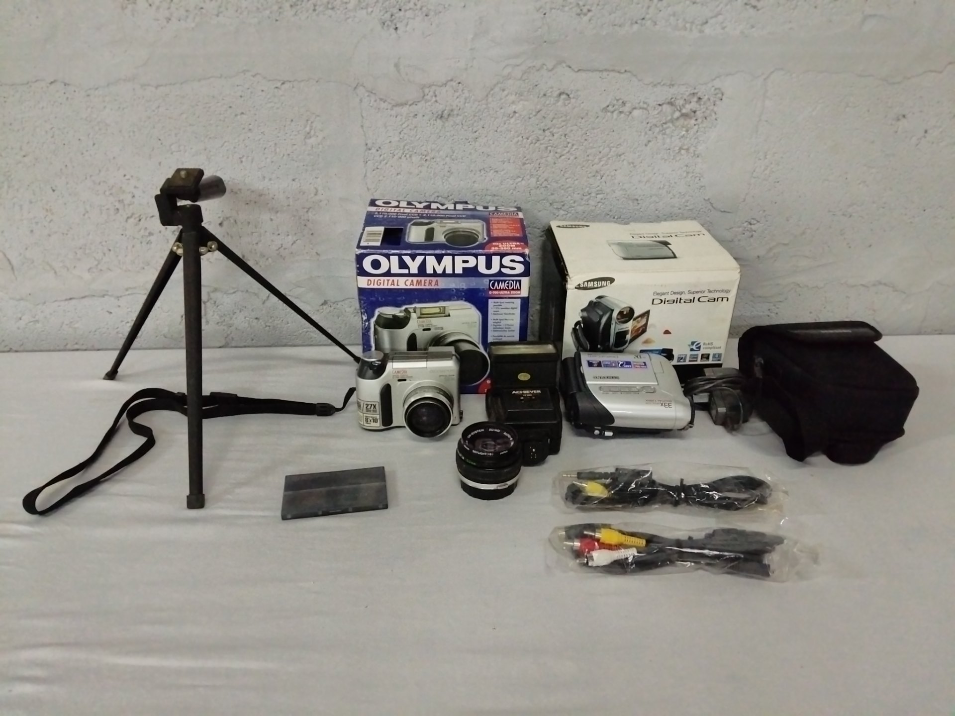 Mixed Olympus & Samsung Camera / Camcorder Lot with OM 50mm Lens, Flash, Tripod & Accessories