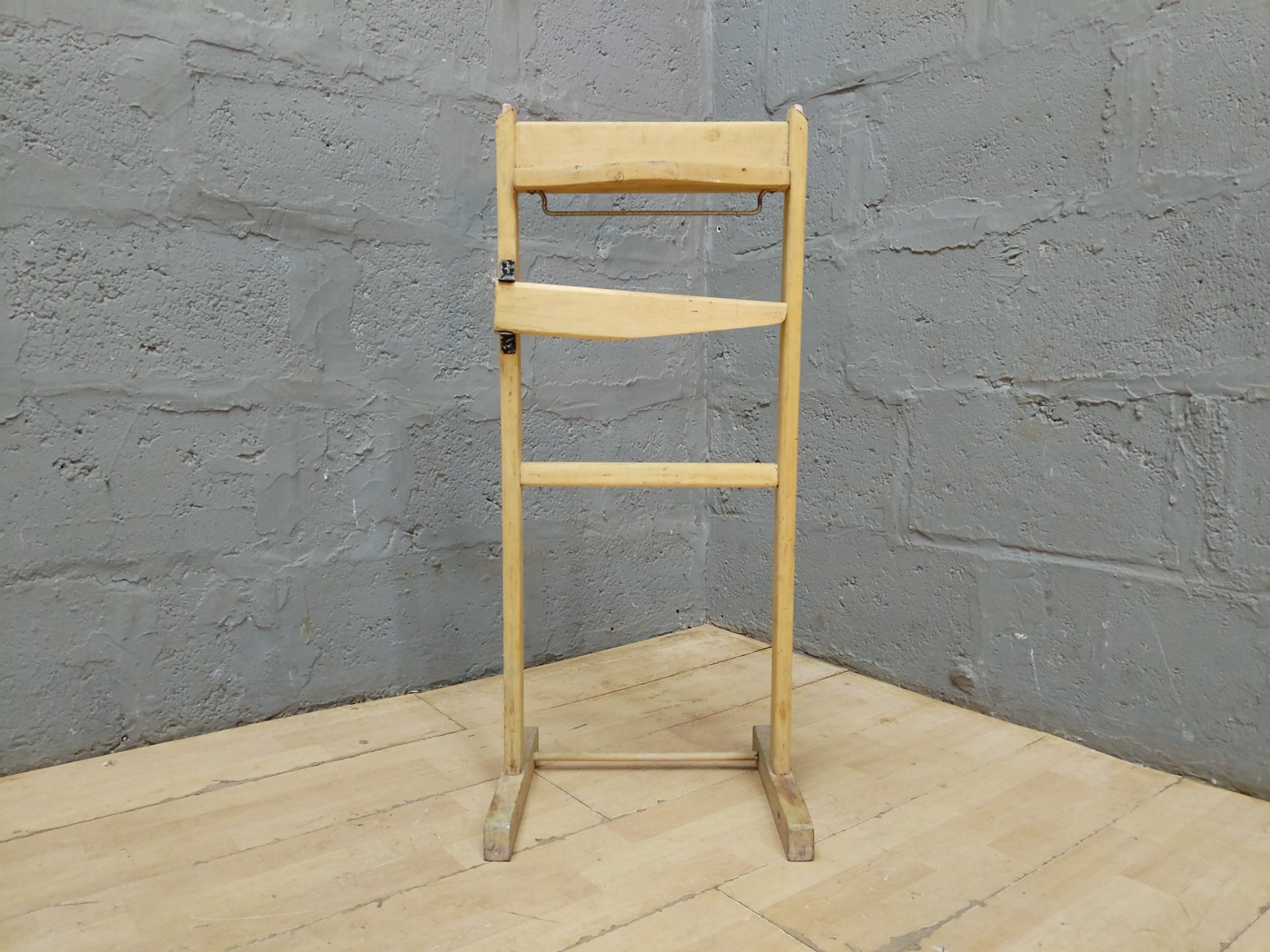 Solid-wood clothes valet / towel stand — worn repair project (approx. 86cm H)