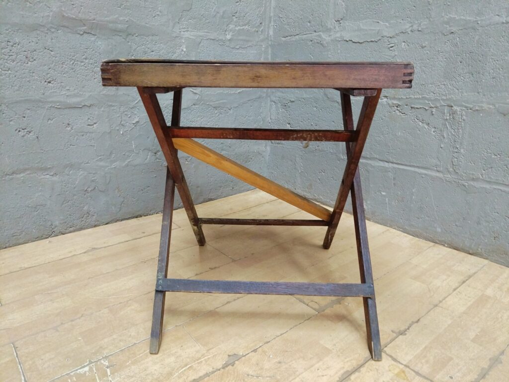 Folding wooden stool / tray-top folding stool — 60 x 60 x 67 cm, worn patina