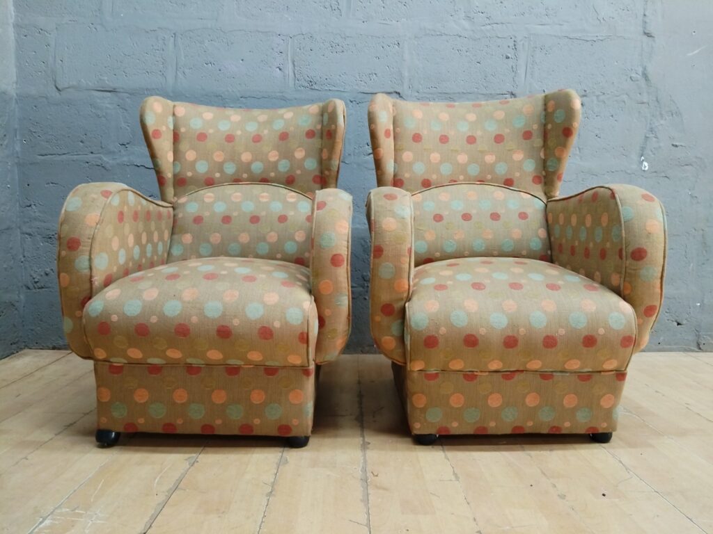 Pair of Compact Polka-dot Wingback Armchairs — Matching Pair, Project Condition