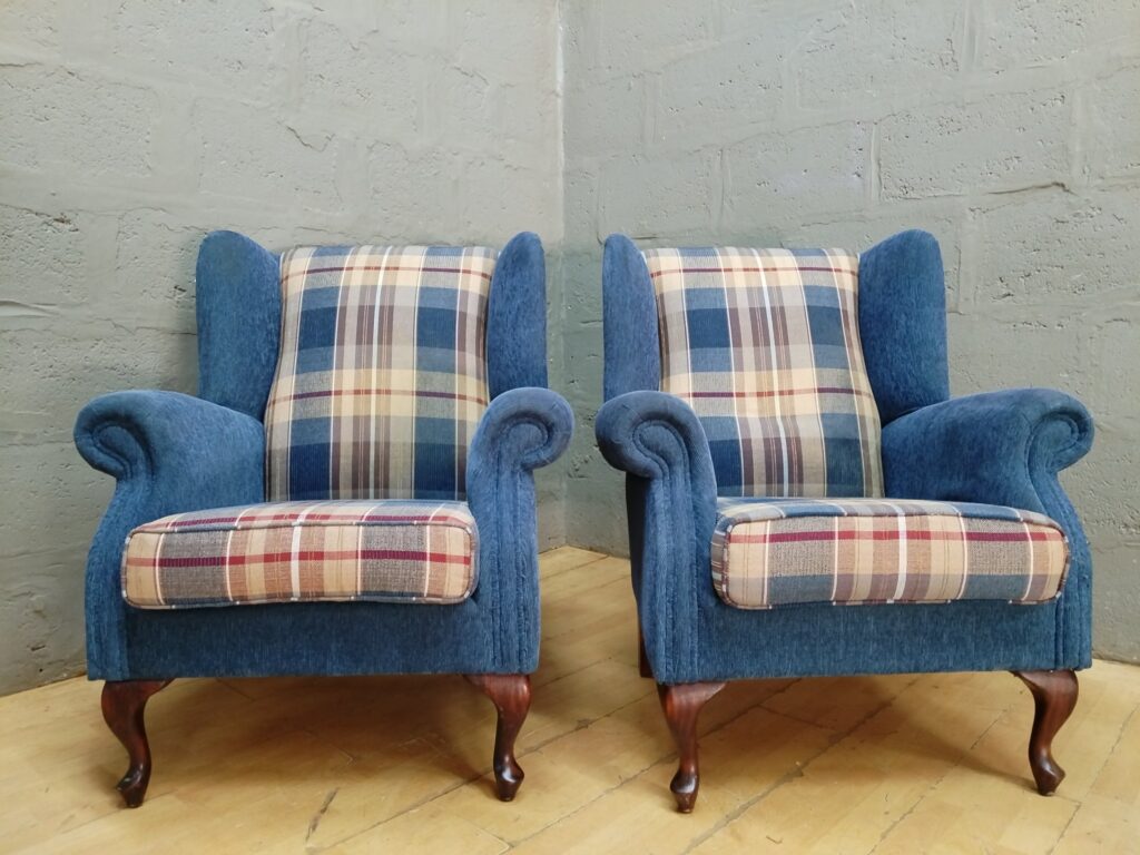 Pair of Blue Wingback Armchairs — Matched Pair with Removable Cushions & Cabriole Legs