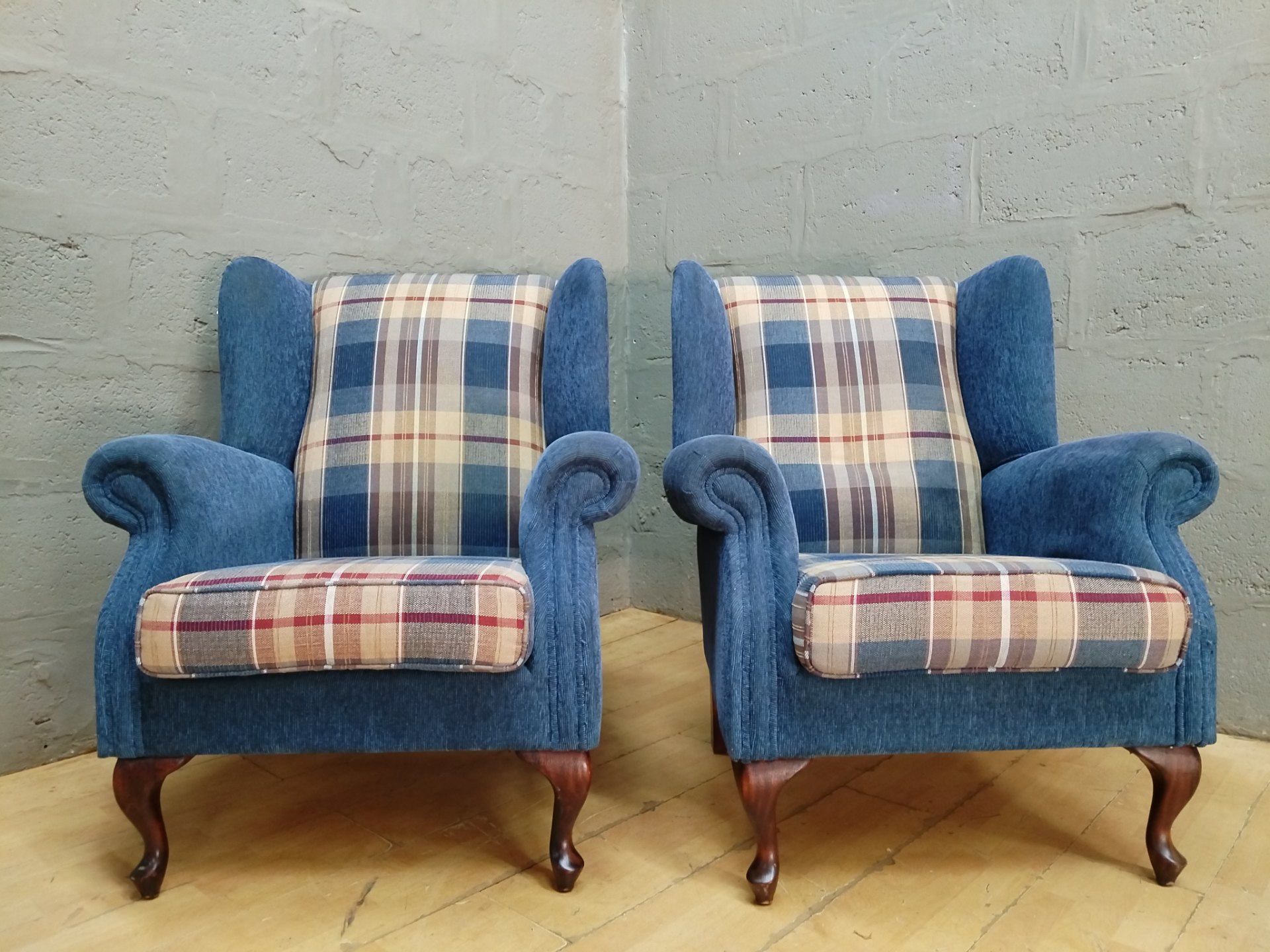 Pair of Blue Wingback Armchairs — Matched Pair with Removable Cushions & Cabriole Legs