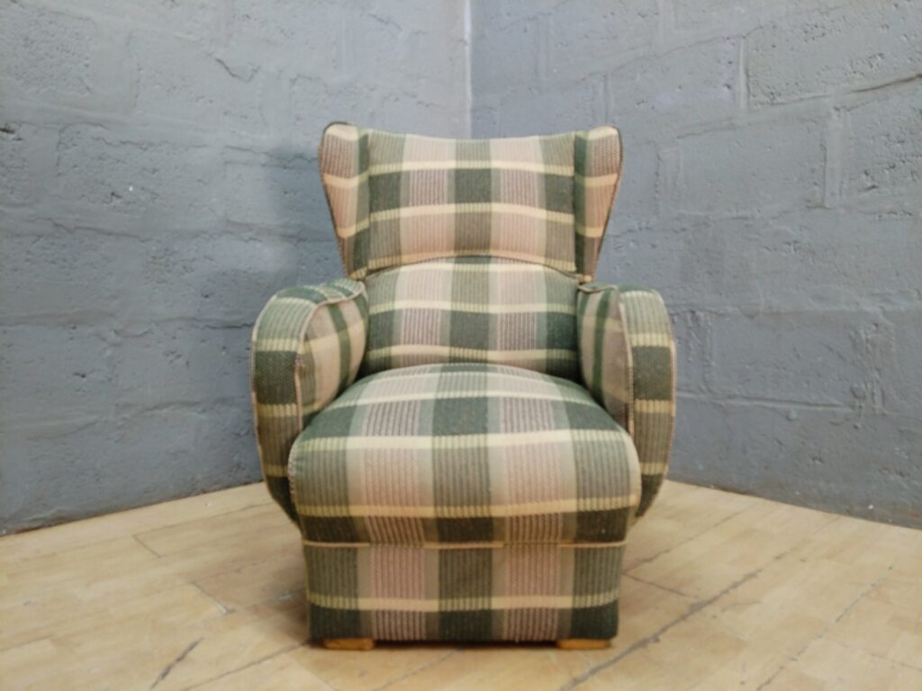 Upholstered wingback armchair – green/beige checked fabric, fair used condition