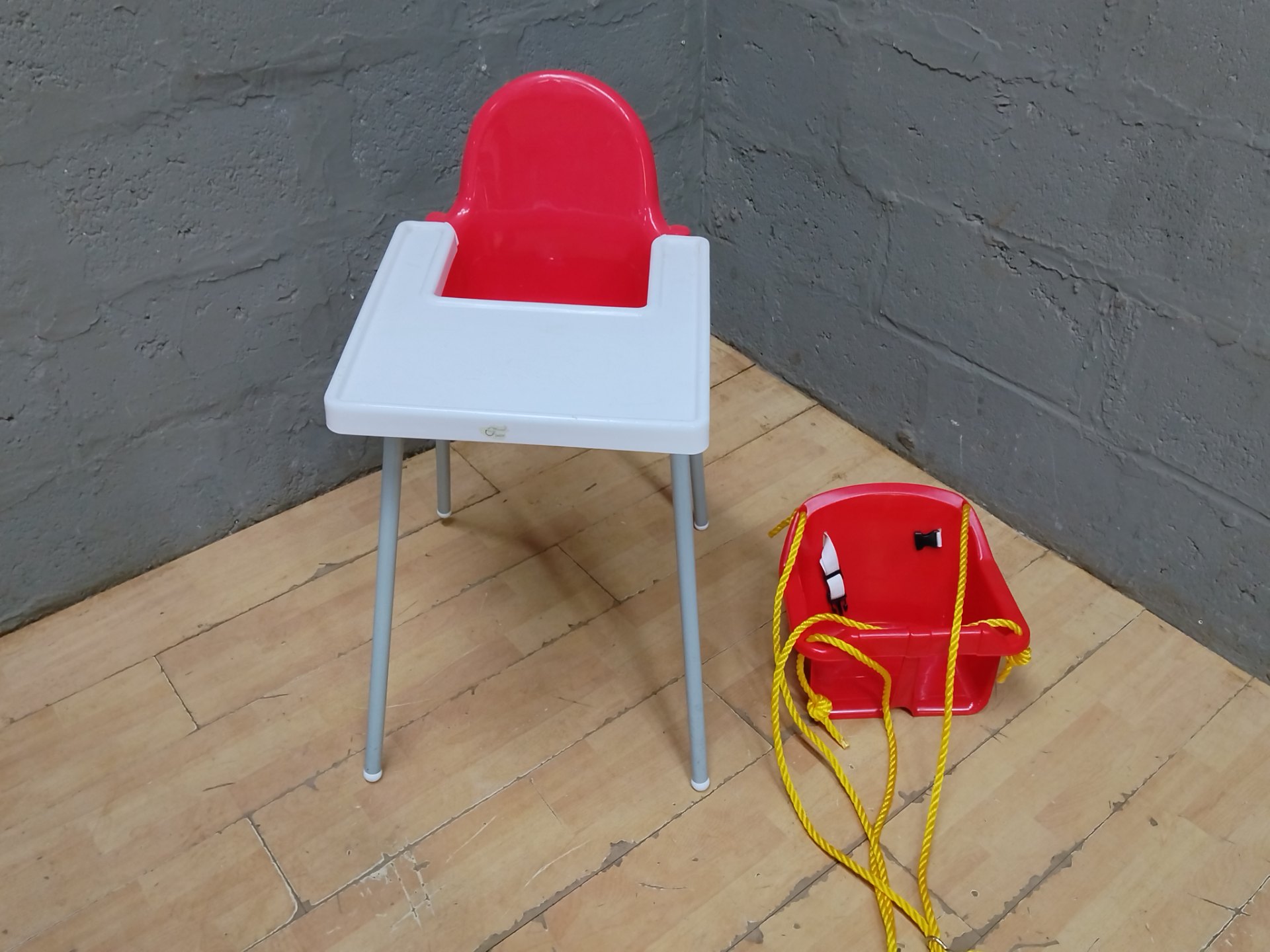 Red Plastic Children’s Highchair with Detachable Tray + Red Toddler Swing Seat (used)