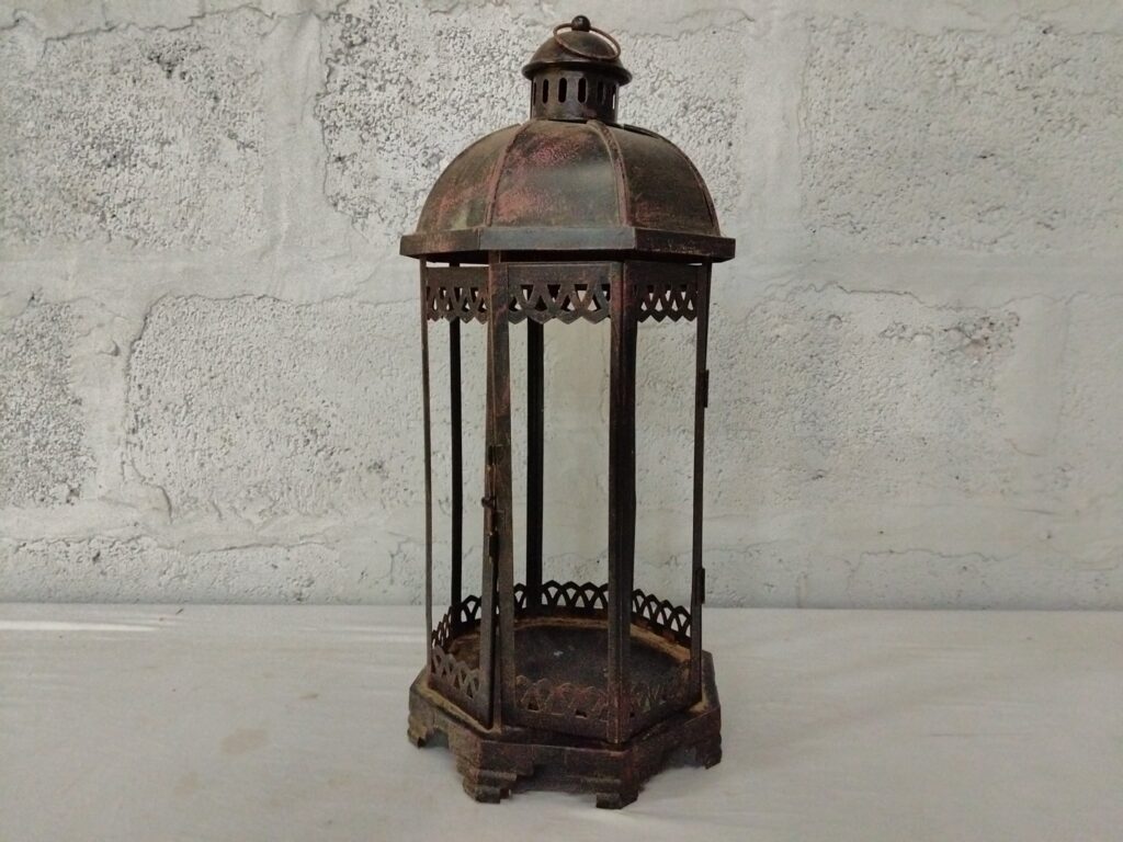 Tall Octagonal Metal Candle Lantern — Aged Patina, Decorative Project (approx. 50cm)