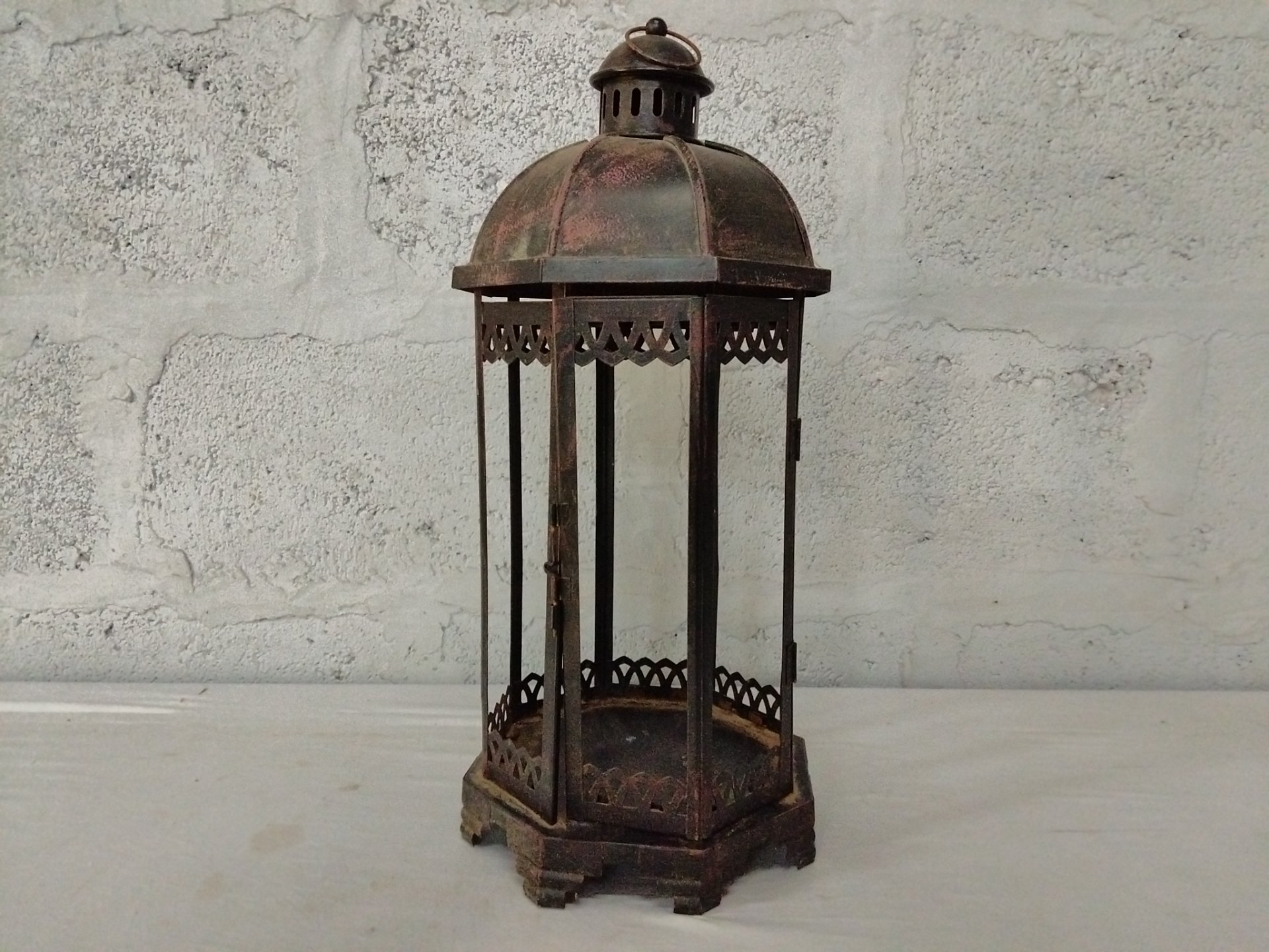 Tall Octagonal Metal Candle Lantern — Aged Patina, Decorative Project (approx. 50cm)