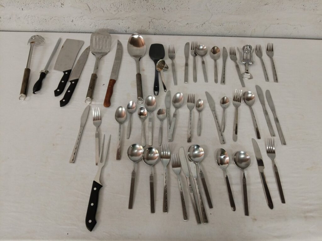Lot of 47 Assorted Stainless Steel Cutlery & Kitchen Utensils – forks, spoons, knives, serving tools