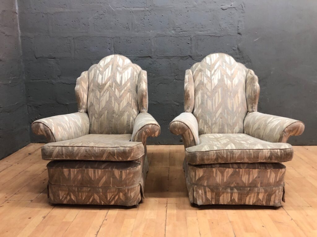 Pair of Upholstered Wing‑Back Armchairs – Heavy Wear, Tears, Needs Reupholstery