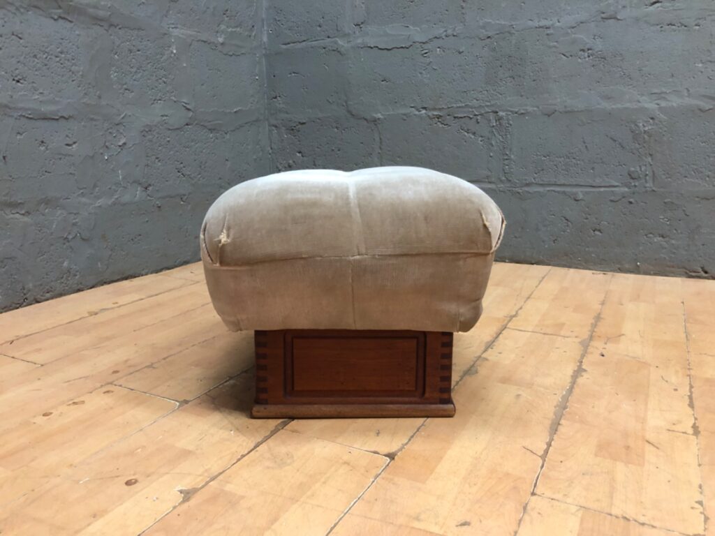 Tufted Upholstered Ottoman / Footstool on Wooden Base — 46 × 46 × 38 cm — Repair Needed