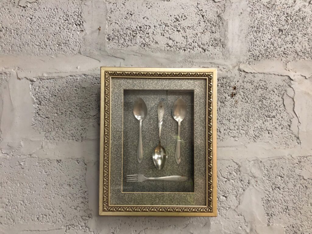 Framed shadowbox wall art with stainless cutlery — 34 x 6 x 43 cm