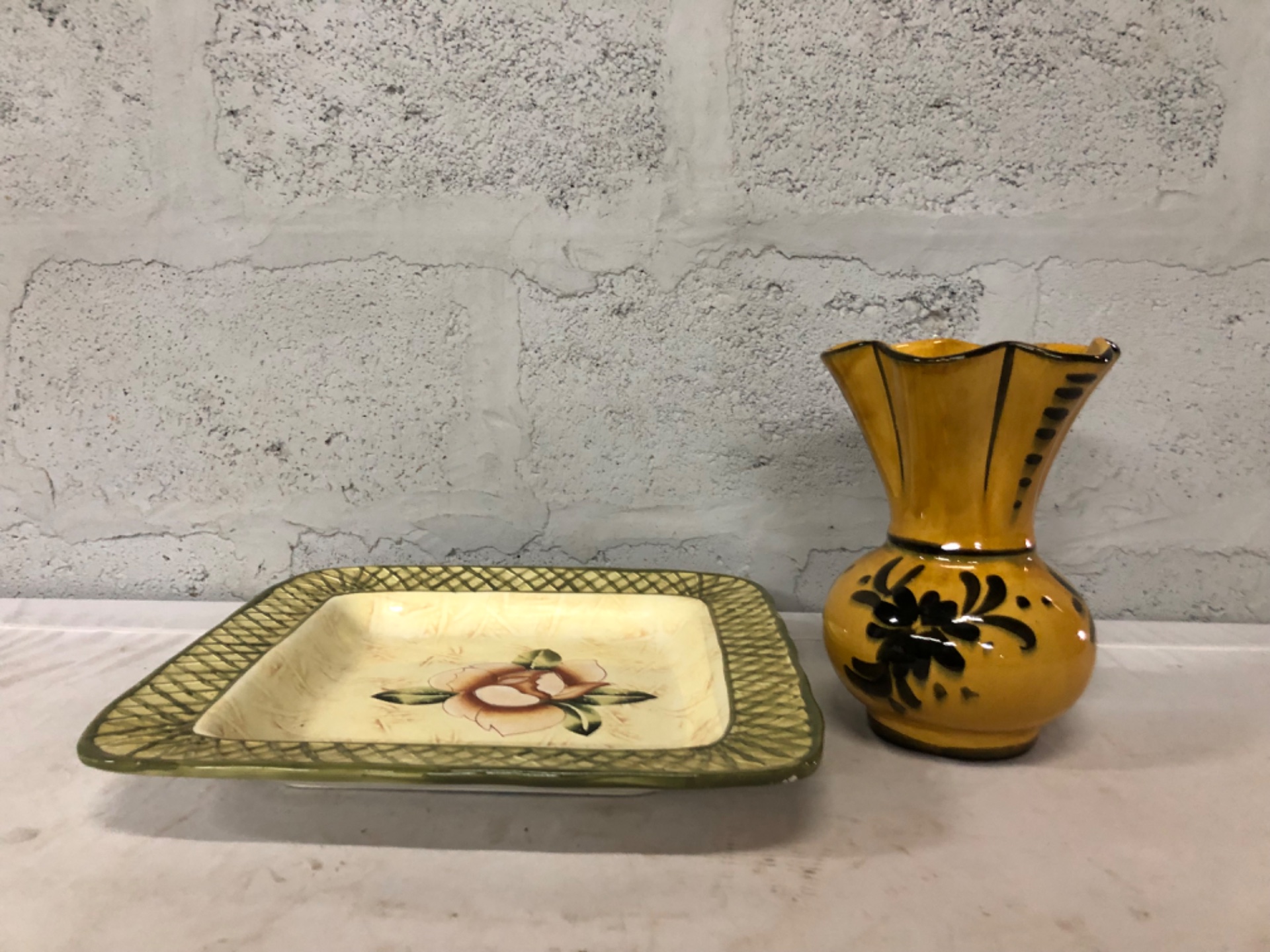 Lot: Square Floral Serving Dish (Sterling Cutlery stamp) + Yellow Hand‑Painted Vase