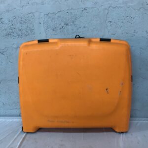 Lojel II orange hard-shell rolling suitcase — wheels roll, telescopic handle ok, torn seam & lock not working