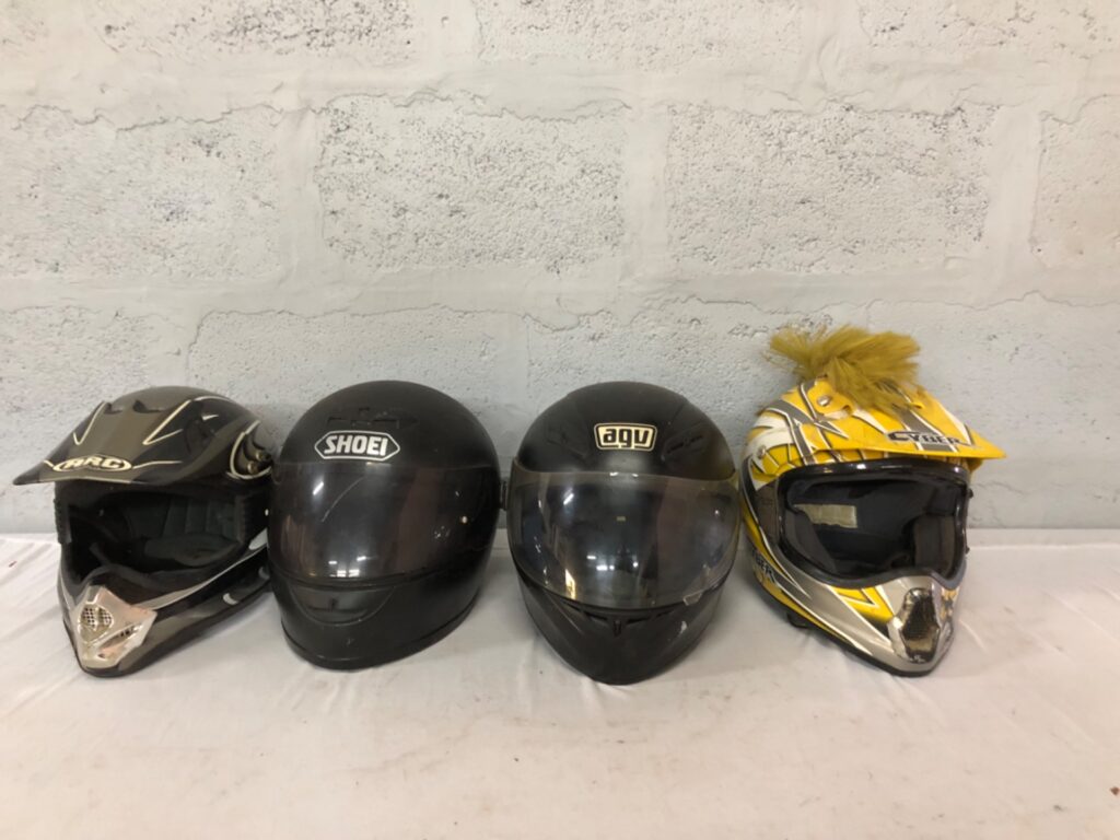 Lot of 4 Used Motorcycle Helmets — ARC, SHOEI, AGV, CYBER (Mixed, Medium)